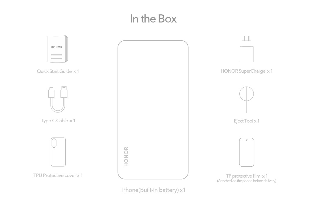 There are Phone (Built-in battery), Quick Start Guide, HONOR SuperCharge, USB Type-C Cable, Eject Tool, TPU Protective cover and TP protective film in the box. 