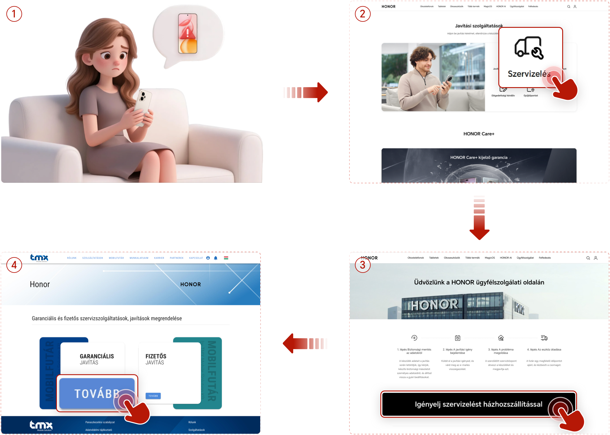 Ha elromlott, vagy megsérült a készüléked, jelezd nekünk az Ügyfélszolgálat – Szervizelés menü alatt