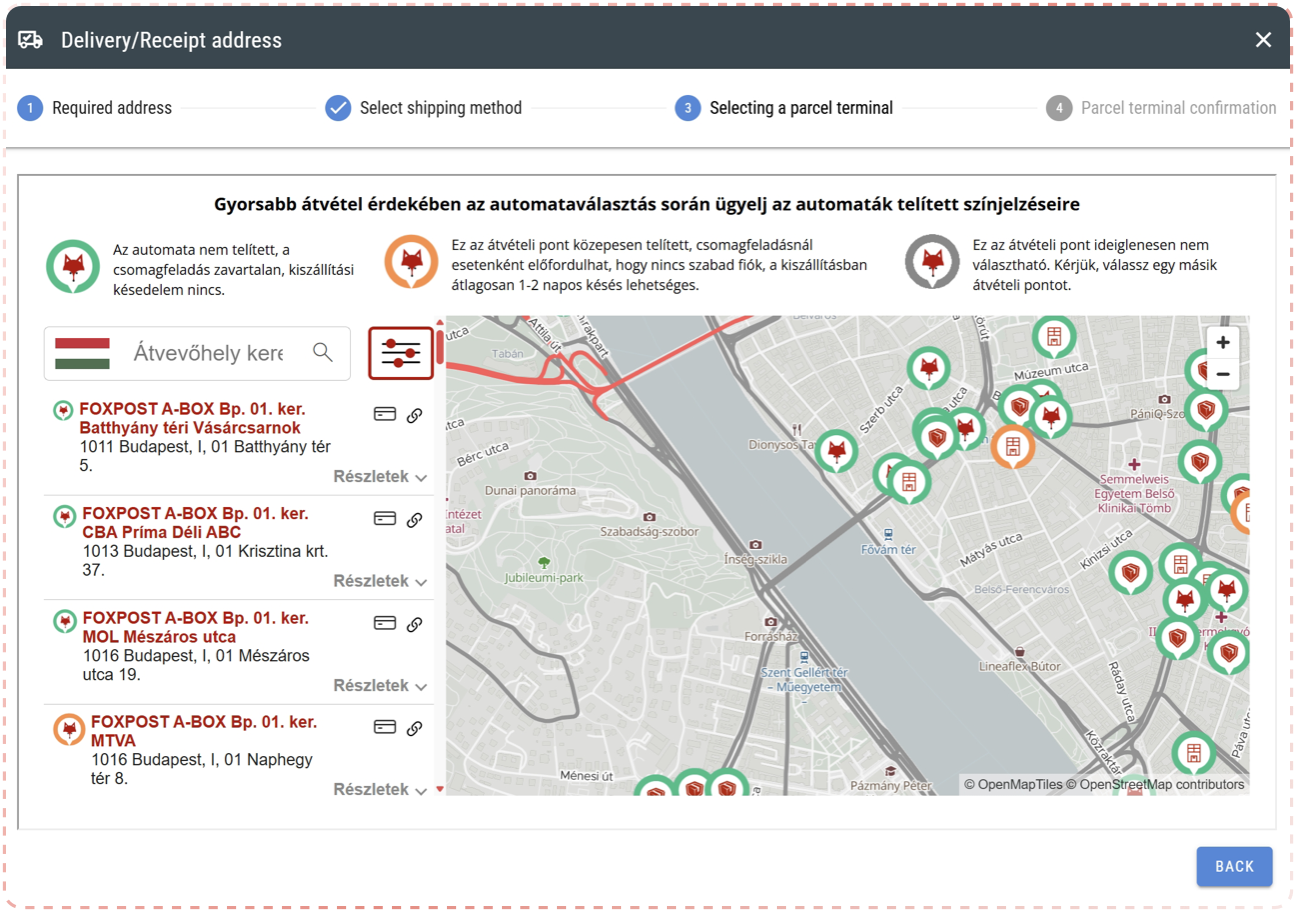 Ha a csomagautomatát választod, a rendszer megmutatja a hozzád legközelebbi automatákat.